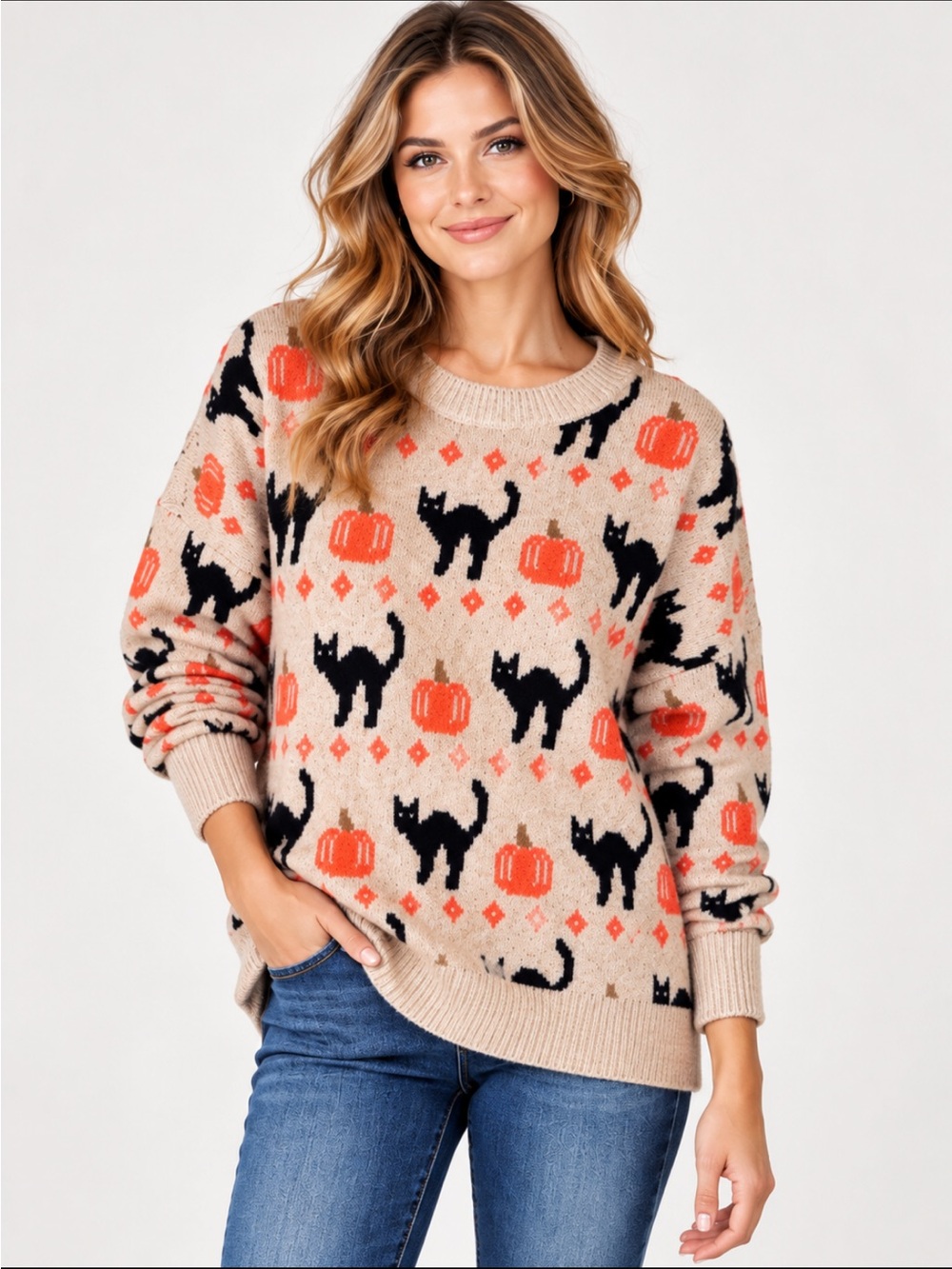 VINCE CAMUTO Women’s Halloween Sweater Tan w/Black Cats & Pumpkins Drop Sleeve - Picture 3 of 6
